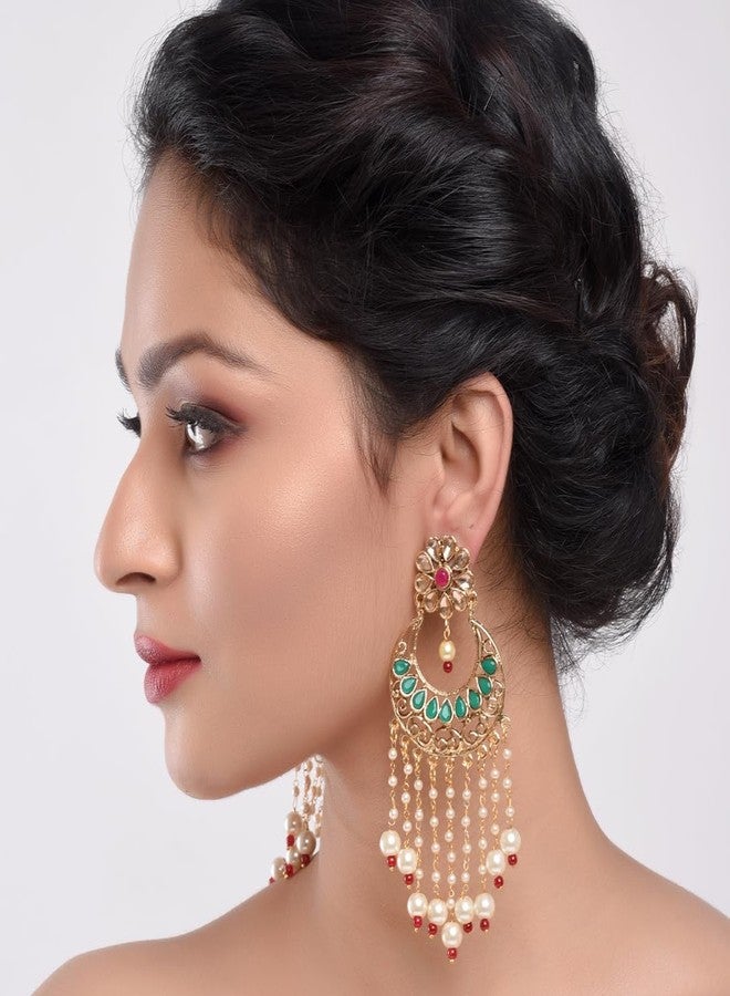 Efulgenz Indian Earrings for Women Indian Jewelry Bollywood Antique Floral Kundan Beaded Faux Pearl Tassel Big Dangle Chandelier Earrings Set - Image 3