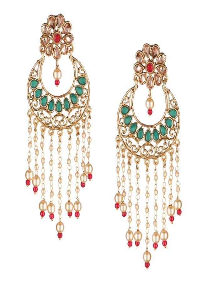 Efulgenz Indian Earrings for Women Indian Jewelry Bollywood Antique Floral Kundan Beaded Faux Pearl Tassel Big Dangle Chandelier Earrings Set - Image 1