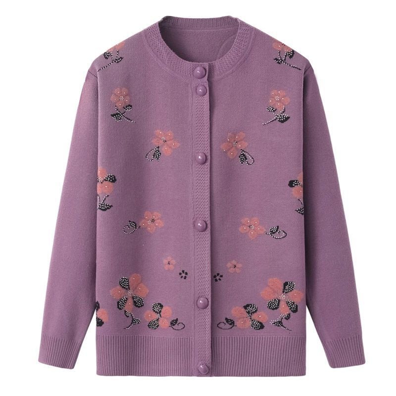 Autumn/winter Embroidered Flower Jacket Thick Fleece Lined Middle-aged Elderly People Sweater Cardigan Knitted Top Mom Purple  - Image 1