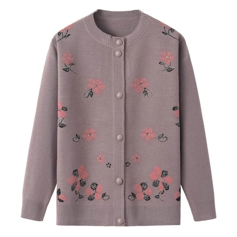 Autumn/winter Embroidered Flower Jacket Thick Fleece Lined Middle-aged Elderly People Sweater Cardigan Knitted Top Mom Purple  - Image 2