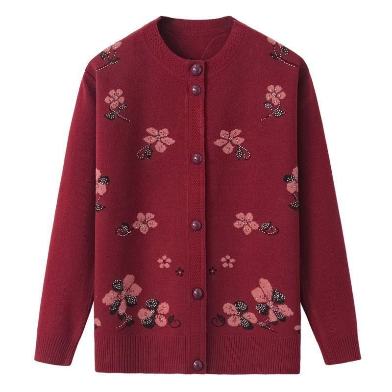 Autumn/winter Embroidered Flower Jacket Thick Fleece Lined Middle-aged Elderly People Sweater Cardigan Knitted Top Mom Purple  - Image 5
