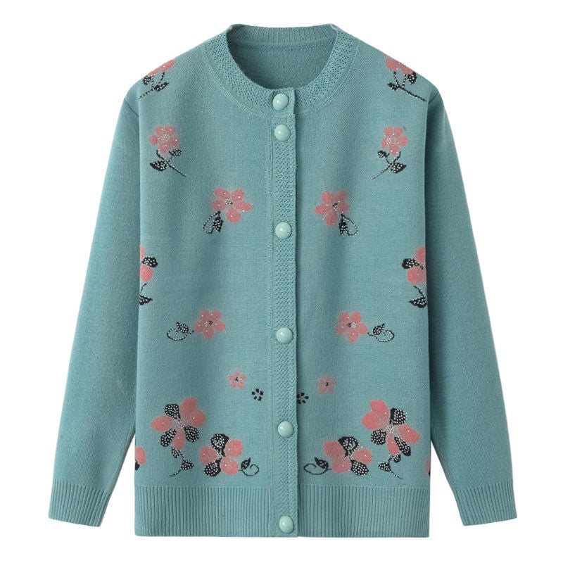 Autumn/winter Embroidered Flower Jacket Thick Fleece Lined Middle-aged Elderly People Sweater Cardigan Knitted Top Mom Purple  - Image 3
