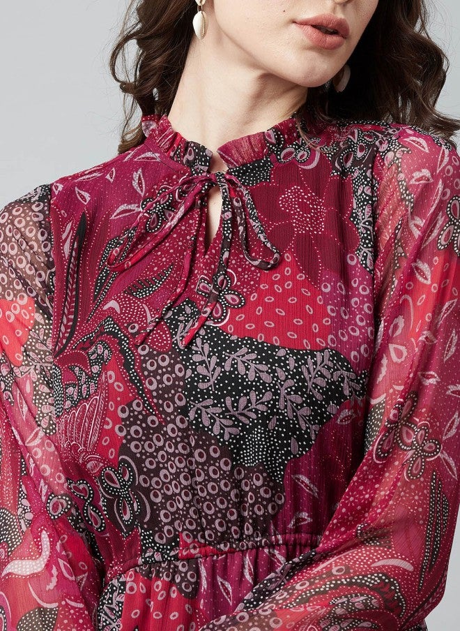 Athena فستان ماكسي مزخرف بالأزهار باللون الماروني للنساء - Image 2