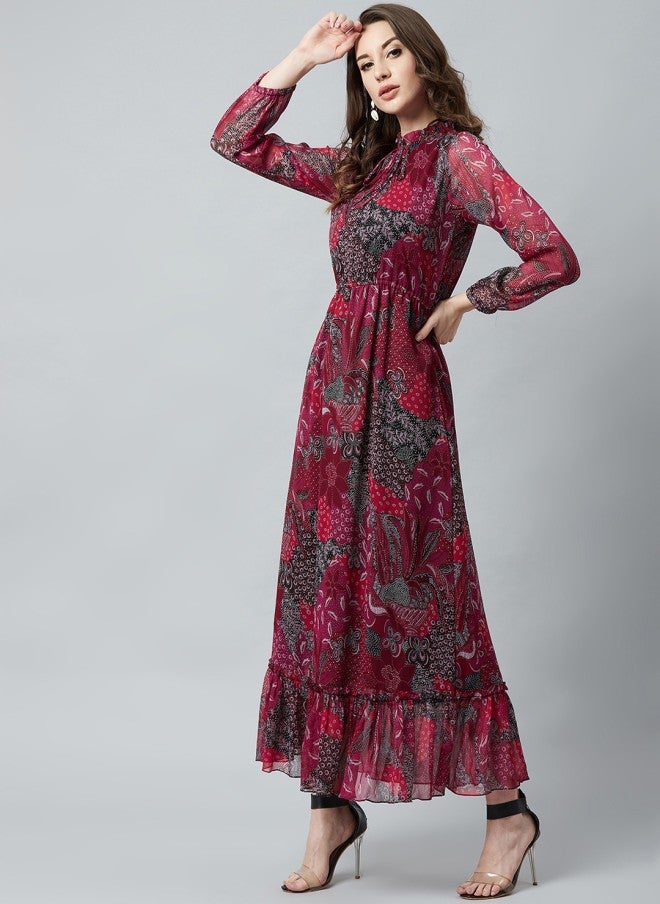 Athena فستان ماكسي مزخرف بالأزهار باللون الماروني للنساء - Image 4