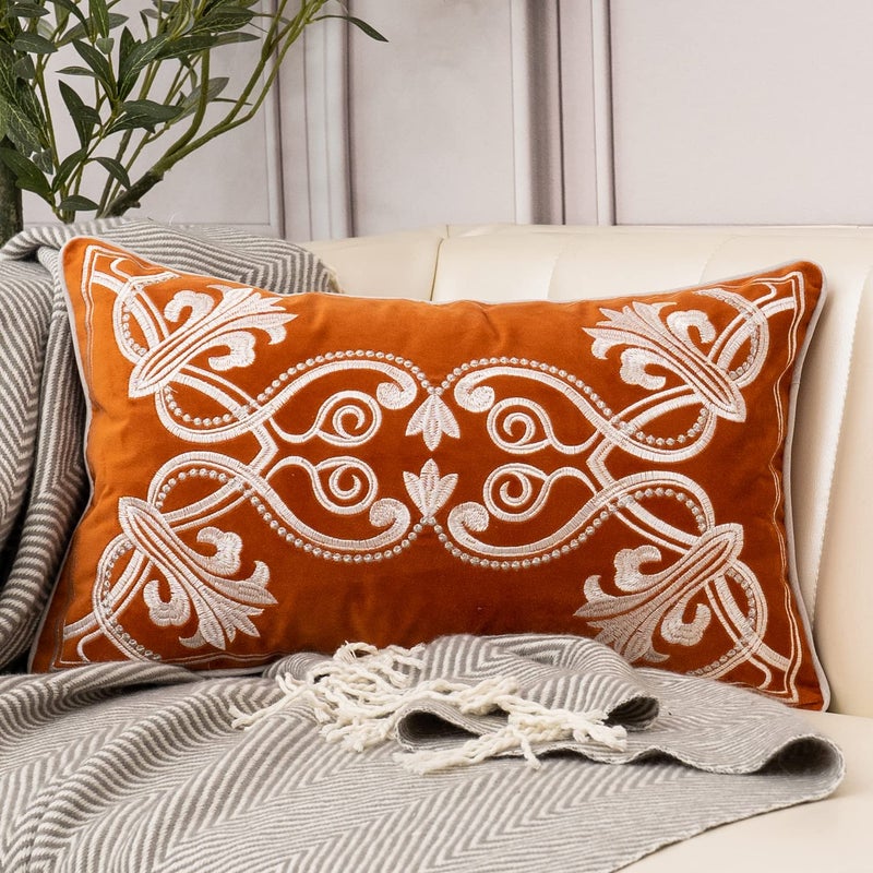 Aeckself European Luxury Velvet Lumbar Throw Pillow Cover 12 x 20 Inch Embroidery Floral Pillow Cover Home Decor Oblong Pillowcase for Couch Bedroom Living Room Burnt Orange and White