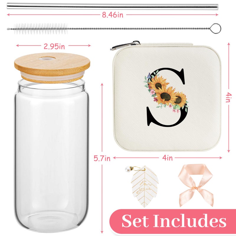 AYGXU Initial glass cups with lids and straws,personalized gifts for women,iced coffee cups,small jewelry box,travel jewelry case organizer,small jewelry travel case,Initial S white - Image 2