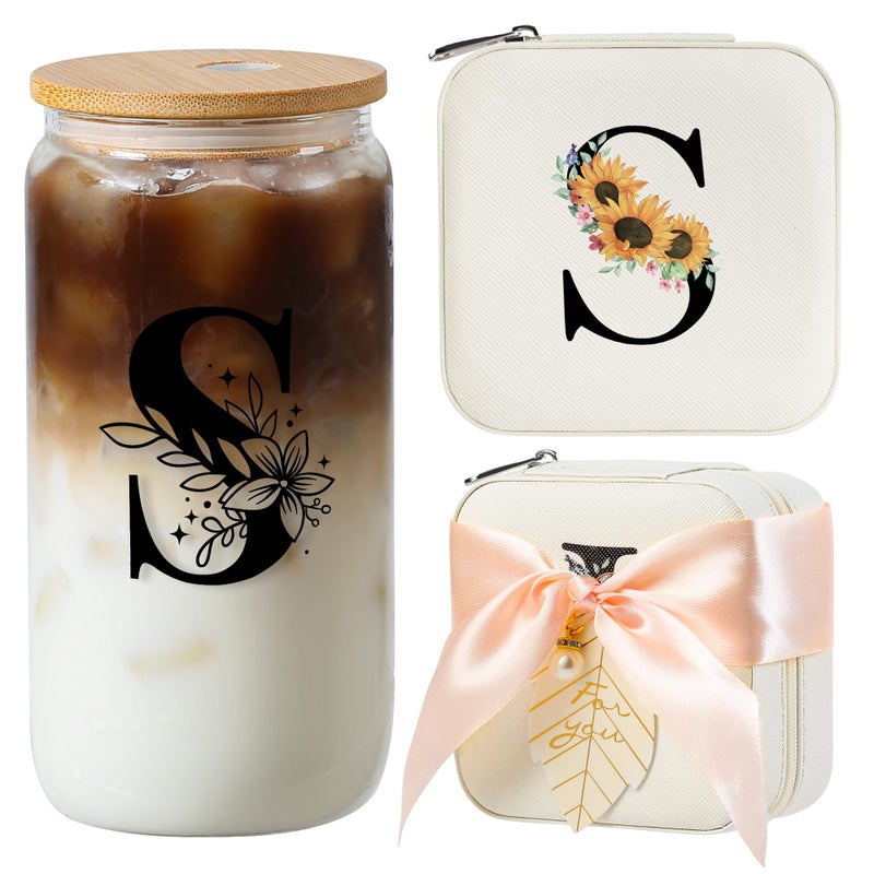 AYGXU Initial glass cups with lids and straws,personalized gifts for women,iced coffee cups,small jewelry box,travel jewelry case organizer,small jewelry travel case,Initial S white - Image 1