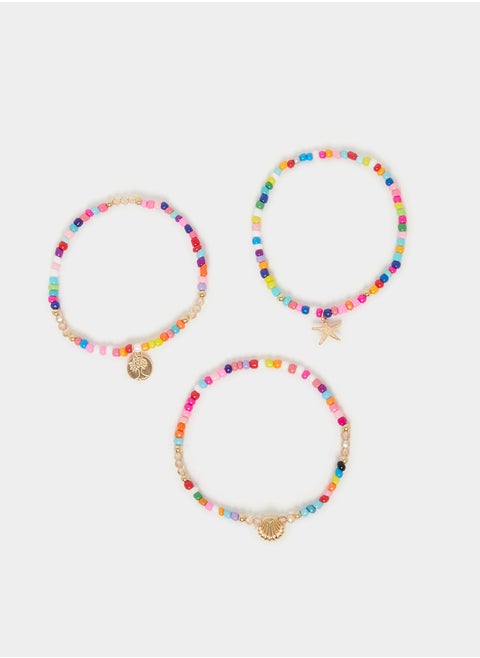 Set of 3 - Beaded Anklet with Charm Detail