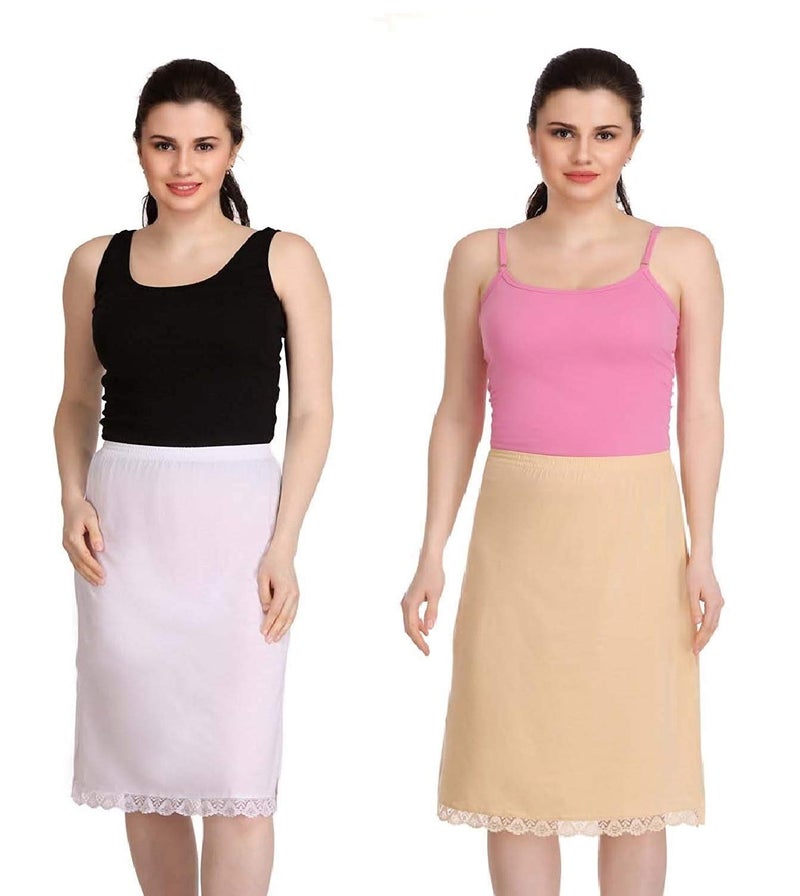 Splash Cotton Rich Regular Skirt Slip for Women - Knee Length - White+Beige - M - Image 1