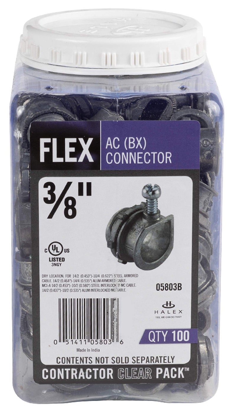 Halex – 3/8 Inch Flexible Metal Conduit (FMC) AC (BX) Connectors– 05803B – 100 Per Pack – Silver - Image 2