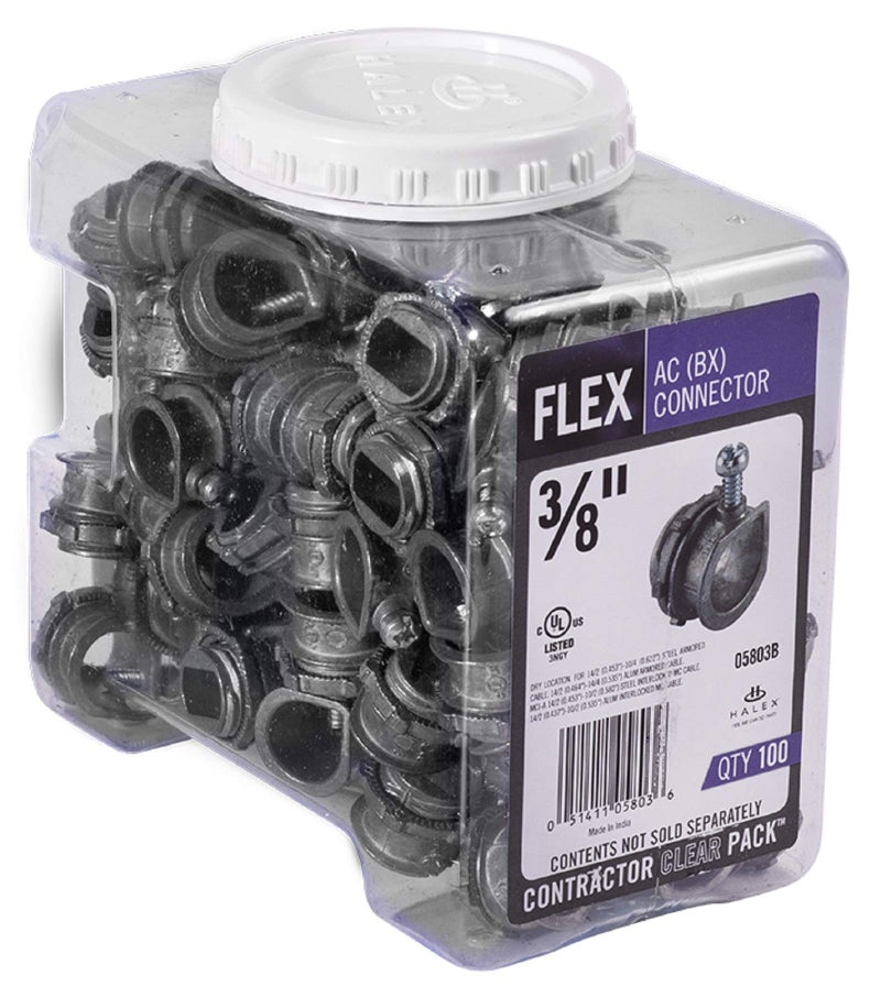 Halex – 3/8 Inch Flexible Metal Conduit (FMC) AC (BX) Connectors– 05803B – 100 Per Pack – Silver - Image 1