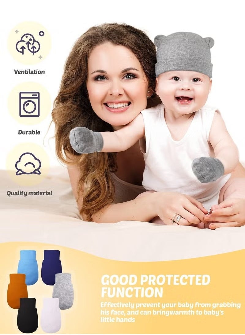 Realfrog - Baby Fetal Cap Gloves Set 6 Sets Newborn Cute Cotton Hospital Hat Mittens Baby Beanie Maternity Birth Accessories (White+Grey+Blue+ Black+Dark Blue+Brown) - Image 1