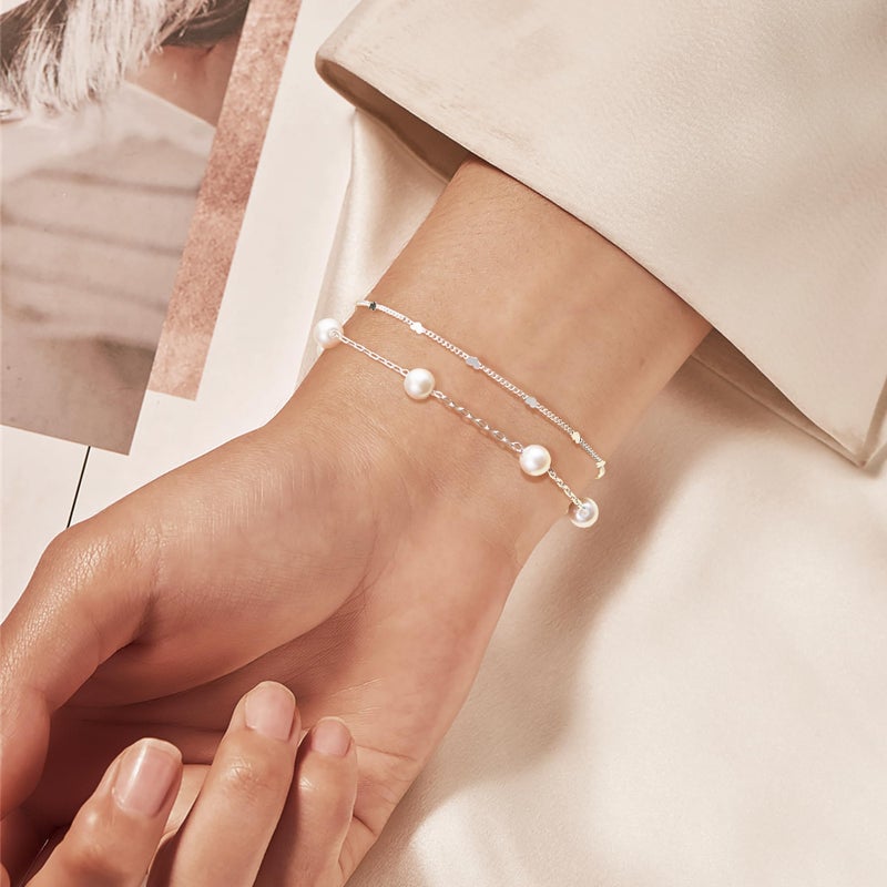 Poxtex Pearl Bracelets for Women, 925 Silver Plated Waterproof Bracelets for Women, Pearl Layered Bracelets Set, Multilayer Bracelets for Women - Image 2