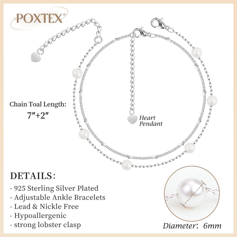 Poxtex Pearl Bracelets for Women, 925 Silver Plated Waterproof Bracelets for Women, Pearl Layered Bracelets Set, Multilayer Bracelets for Women - Image 3