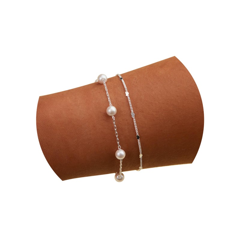 Poxtex Pearl Bracelets for Women, 925 Silver Plated Waterproof Bracelets for Women, Pearl Layered Bracelets Set, Multilayer Bracelets for Women - Image 1