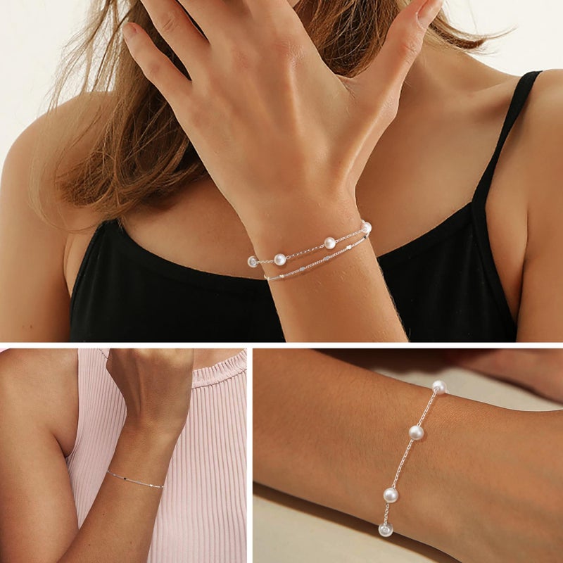 Poxtex Pearl Bracelets for Women, 925 Silver Plated Waterproof Bracelets for Women, Pearl Layered Bracelets Set, Multilayer Bracelets for Women - Image 4