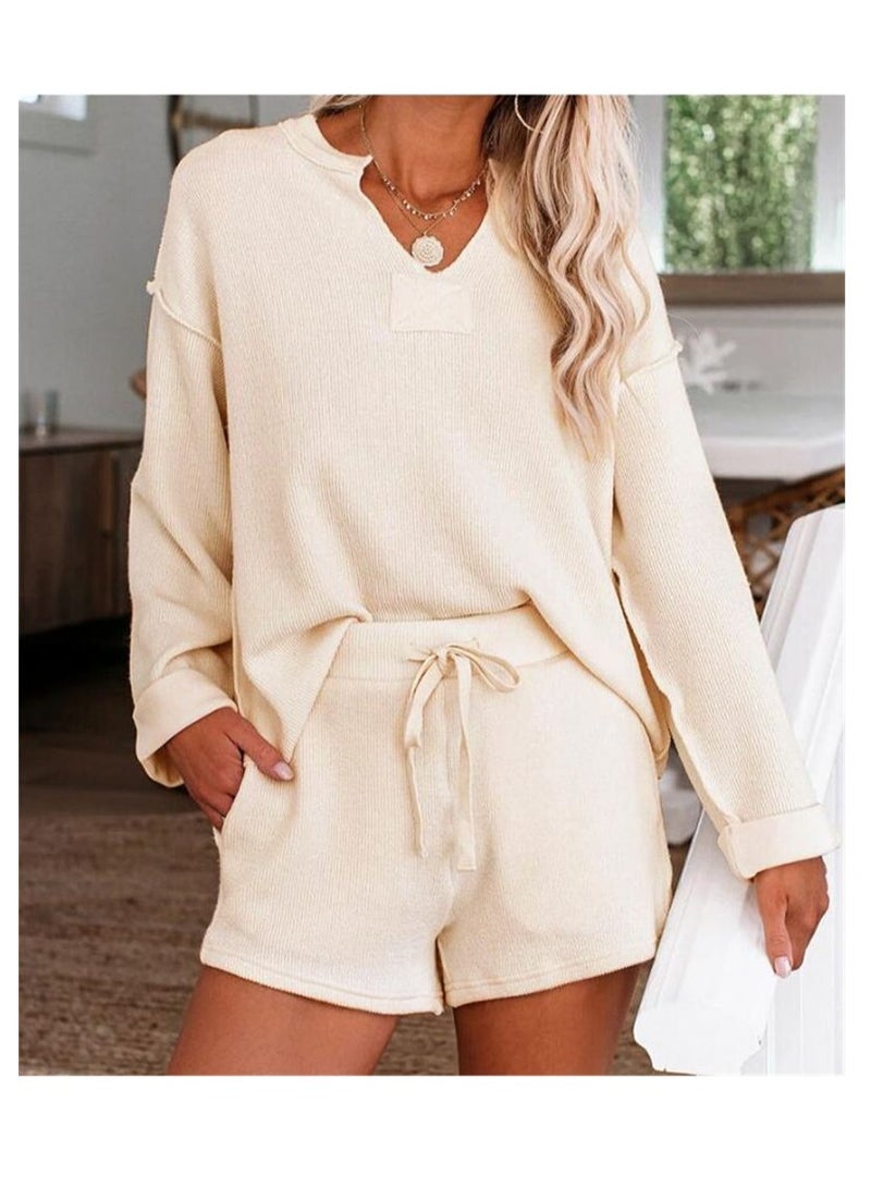 طقم بيجامة نسائي بأكمام طويلة وقمصان وشورتات منسوجة من Henley ملابس نوم وملابس نوم - Image 1