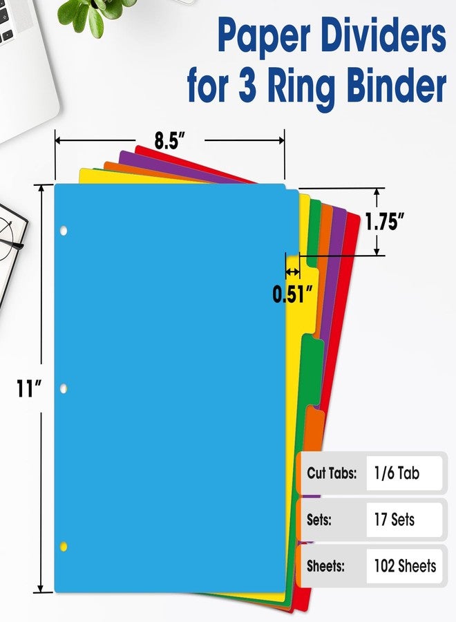 YesBes 102 Pcs Colored Binder Dividers with Tabs, 1/6 Cut Tabs, Dividers for 3 Ring Binder, Blank Write On Binder Dividers in 6 Tab Sets, Letter Size, 102 Dividers, 17 Sets, Multicolor - Image 2
