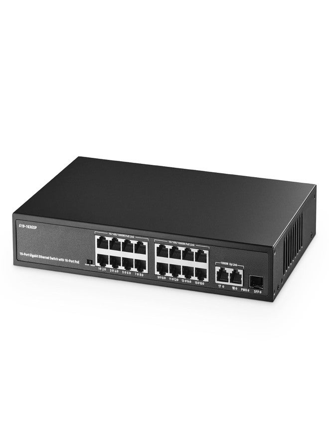 Binardat 19 Port Gigabit POE Switch, 16 Ports POE+ 1000Mbps, 2 Gigabit Uplink, 1 Gigabit SFP, IEEE802.3af/at, 300W Internal Power Supply, Metal Case Unmanaged Plug and Play - Image 1
