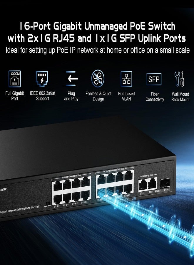 Binardat 19 Port Gigabit POE Switch, 16 Ports POE+ 1000Mbps, 2 Gigabit Uplink, 1 Gigabit SFP, IEEE802.3af/at, 300W Internal Power Supply, Metal Case Unmanaged Plug and Play - Image 2