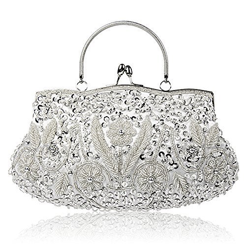 Simcat SSMY Beaded Sequin Design Flower Evening Purse Large, Silver, Size One Size - Image 1