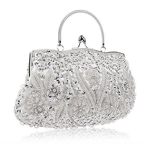 Simcat SSMY Beaded Sequin Design Flower Evening Purse Large, Silver, Size One Size - Image 2