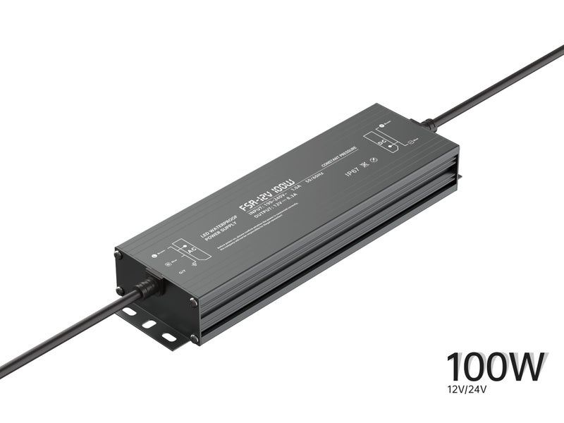 سائق LED مقاوم للماء DonMarco IP67 - مزود طاقة لأضواء الشريط LED، إضاءة المناظر الطبيعية، لافتات خارجية، هيكل ألمنيوم متين، جهد ثابت، ضمان لمدة عامين (12V 100W)