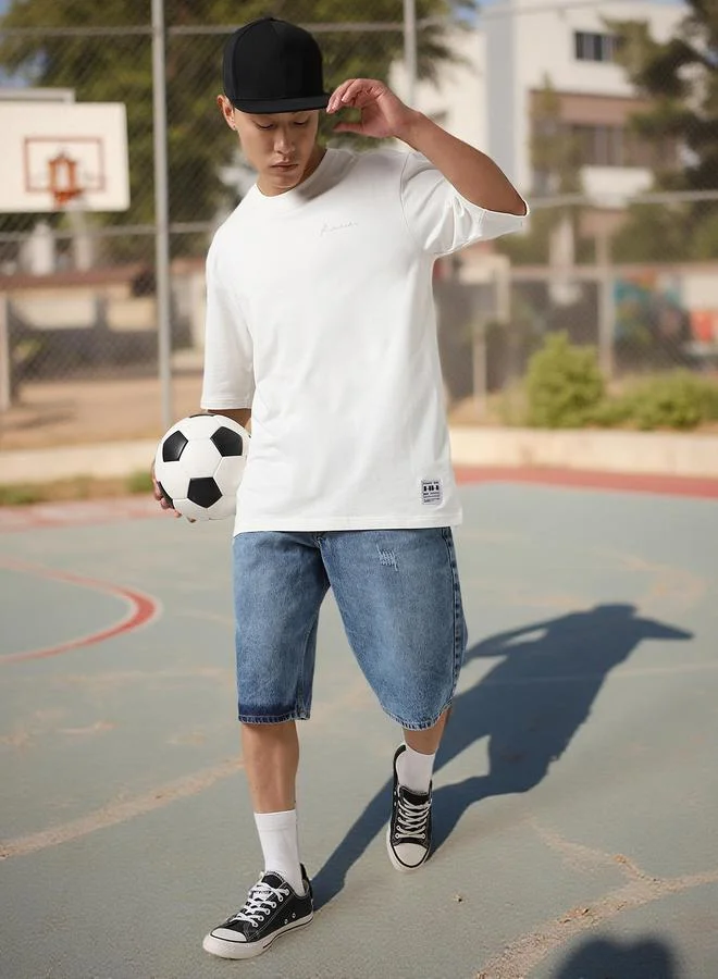 Hubberholme Men's White 100% Cotton Solid Pattern Oversized T-Shirt