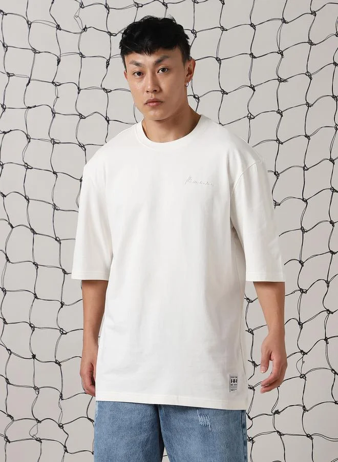 Hubberholme Men's White 100% Cotton Solid Pattern Oversized T-Shirt