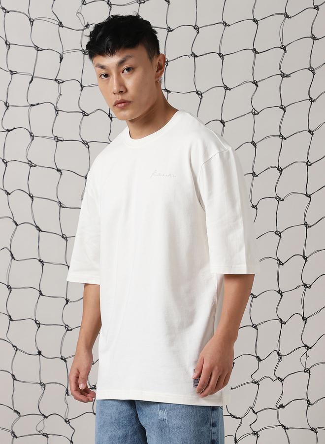 Hubberholme Men's White 100% Cotton Solid Pattern Oversized T-Shirt - Image 2