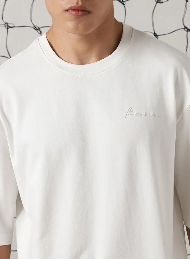 Hubberholme Men's White 100% Cotton Solid Pattern Oversized T-Shirt