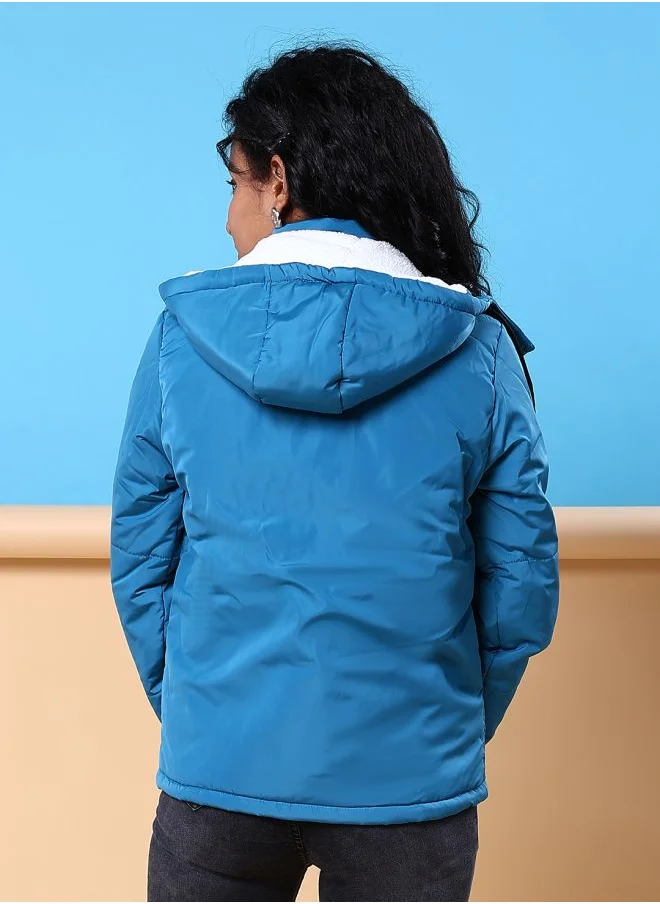 Freehand Women Boxy Fit Solid Puffer Jacket With Detachable Hood