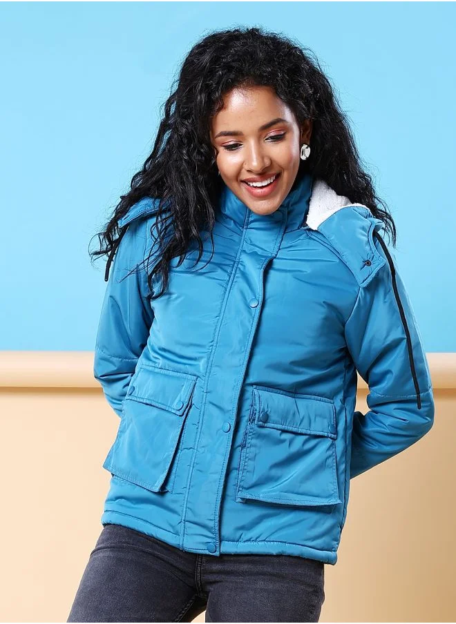 Freehand Women Boxy Fit Solid Puffer Jacket With Detachable Hood