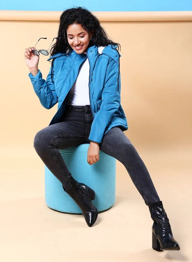Freehand Women Boxy Fit Solid Puffer Jacket With Detachable Hood