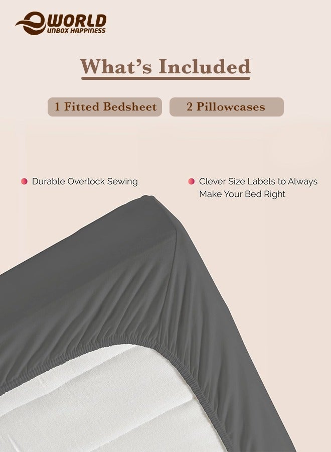 3-Piece Dark Grey Microfiber Fitted Bedsheet Set Includes 1 Deep-Pocket Sheet for a Snug Fit and 2 Pillow Covers, Breathable, Machine Washable for Optimal Protection, Available in King, Queen and Single Sizes - Image 2