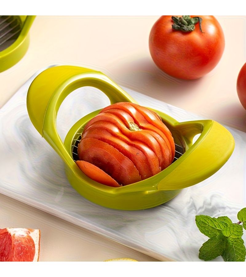 Stainless Steel Manual Tomato Vegetable Slicer With Ergonomic Green Handle 1pc - Image 5