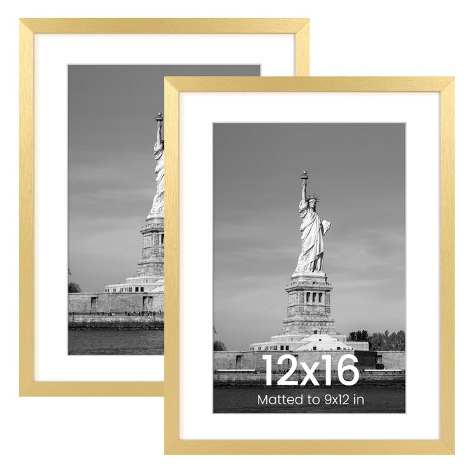 12X16 PICTURE FRAME DISPLAY POSTER 9X12 WITH MAT OR 12 X 16 WITHOUT WALL GALLERY PHOTO FRAMES GOLD 2 PACK