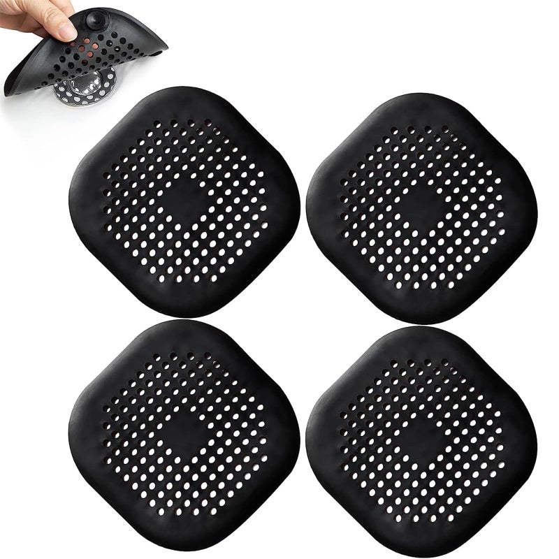 JZS Floor Drain Cover, 4 PCS Shower Drain Stopper with Sucker, Silicone Drain Cover with Easy to Install and Clean, Shower Drain Filter for Kitchen, Laundry, Toilet and More (Square, Black) - Image 1