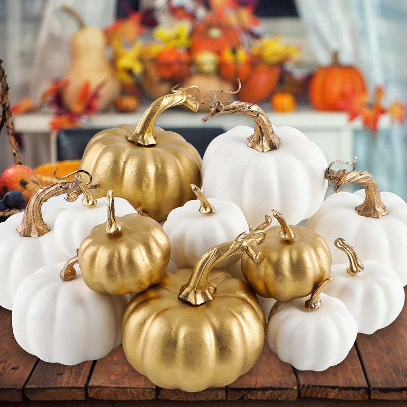 Benjia 16pcs Pumpkin Autumn Decorations Decorative Large Small Outdoor White and Gold Foam Plastic Fake Faux Artificial Pumpkins for Halloween Fall Harvest Festival Home Table Decor