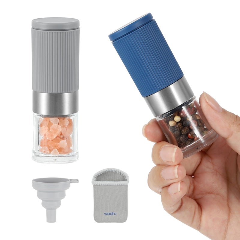 vzaahu Mini Salt and Pepper Grinder Set Blue and Gray with Bag and Funnel Small Travel Portable Spice Tools Adjustable Coarseness Refillable Ceramic Burrs Seasoning Mills for Cooking BBQ RV