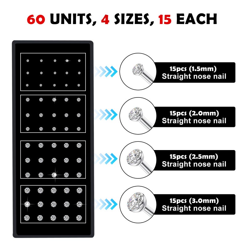 clbxzwc 60pcs Stainless Steel Nose Studs small nose studs Body Jewelry 20G-23G 1.5mm 2mm 2.5mm 3.0mm - Image 2