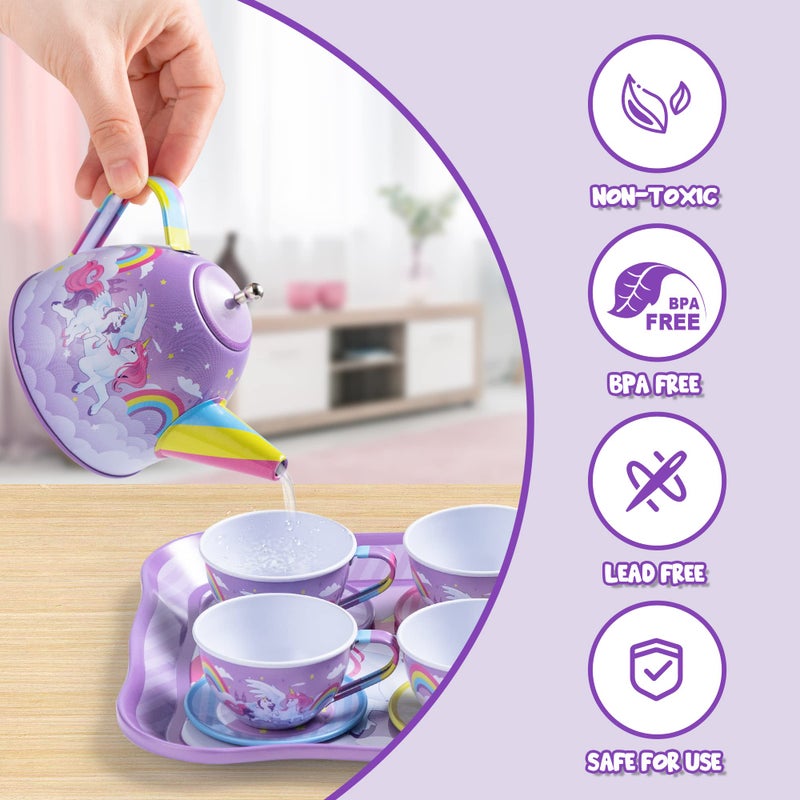 JOYIN Unicorn Tea Party Set for Little Girls, Pretend Purple Tin Teapot Set, Princess Tea Time Play Kitchen Toy with Teapot, Cup, Plate, Carrying Case for Kids Toddler Age 3+, Birthday Gifts - Image 4