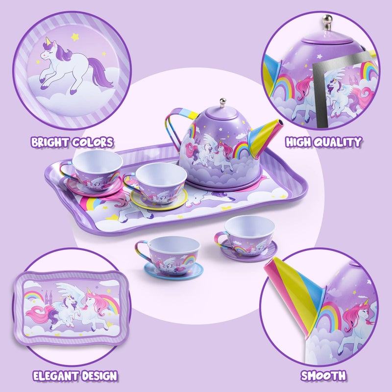 JOYIN Unicorn Tea Party Set for Little Girls, Pretend Purple Tin Teapot Set, Princess Tea Time Play Kitchen Toy with Teapot, Cup, Plate, Carrying Case for Kids Toddler Age 3+, Birthday Gifts - Image 3