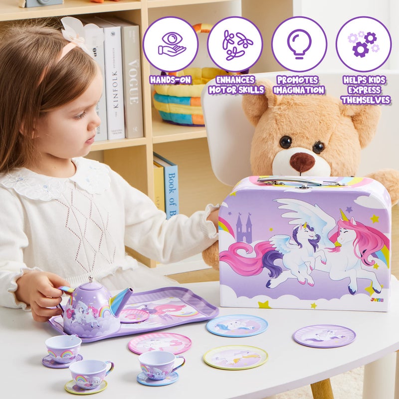 JOYIN Unicorn Tea Party Set for Little Girls, Pretend Purple Tin Teapot Set, Princess Tea Time Play Kitchen Toy with Teapot, Cup, Plate, Carrying Case for Kids Toddler Age 3+, Birthday Gifts - Image 5