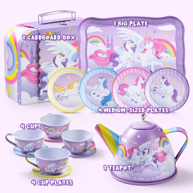 JOYIN Unicorn Tea Party Set for Little Girls, Pretend Purple Tin Teapot Set, Princess Tea Time Play Kitchen Toy with Teapot, Cup, Plate, Carrying Case for Kids Toddler Age 3+, Birthday Gifts - Image 2