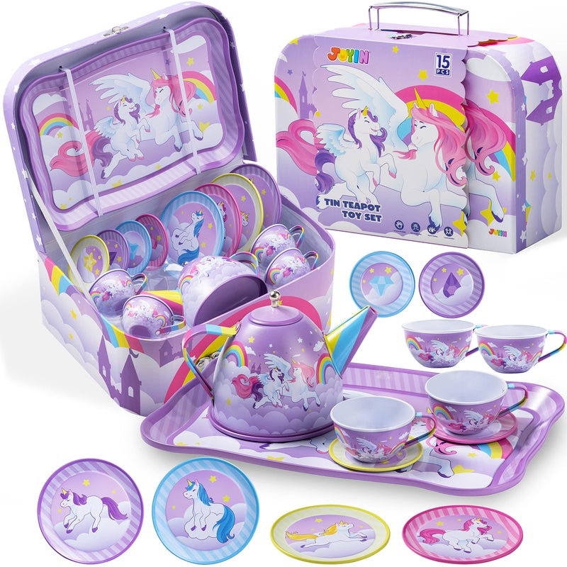 JOYIN Unicorn Tea Party Set for Little Girls, Pretend Purple Tin Teapot Set, Princess Tea Time Play Kitchen Toy with Teapot, Cup, Plate, Carrying Case for Kids Toddler Age 3+, Birthday Gifts - Image 1