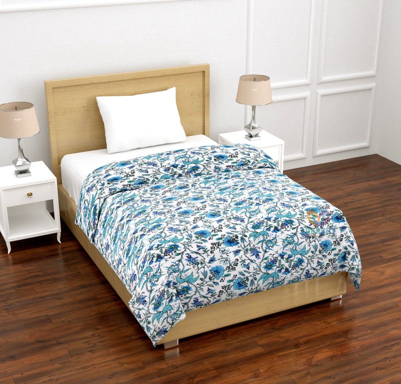 LOARSHY Jaipuri Cotton Razai Beautiful Blue Color Flower Printed Traditional Designer Light Weight Quilt Conforter Single Bed AC Rajai (55X85 Size) - Image 2