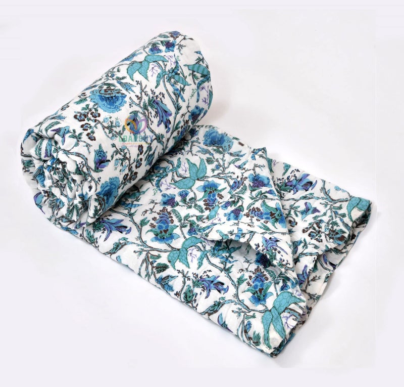 LOARSHY Jaipuri Cotton Razai Beautiful Blue Color Flower Printed Traditional Designer Light Weight Quilt Conforter Single Bed AC Rajai (55X85 Size) - Image 5