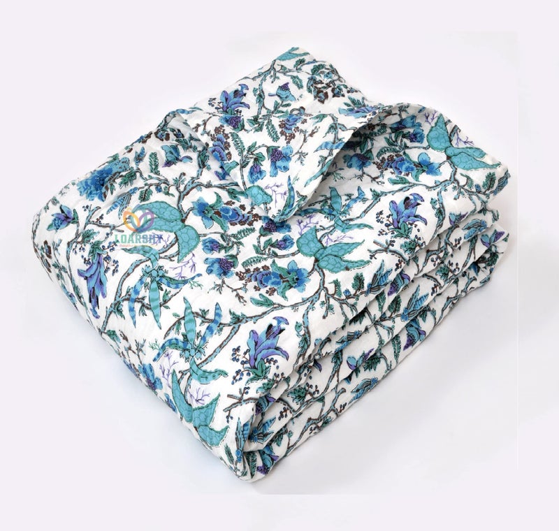 LOARSHY Jaipuri Cotton Razai Beautiful Blue Color Flower Printed Traditional Designer Light Weight Quilt Conforter Single Bed AC Rajai (55X85 Size) - Image 4