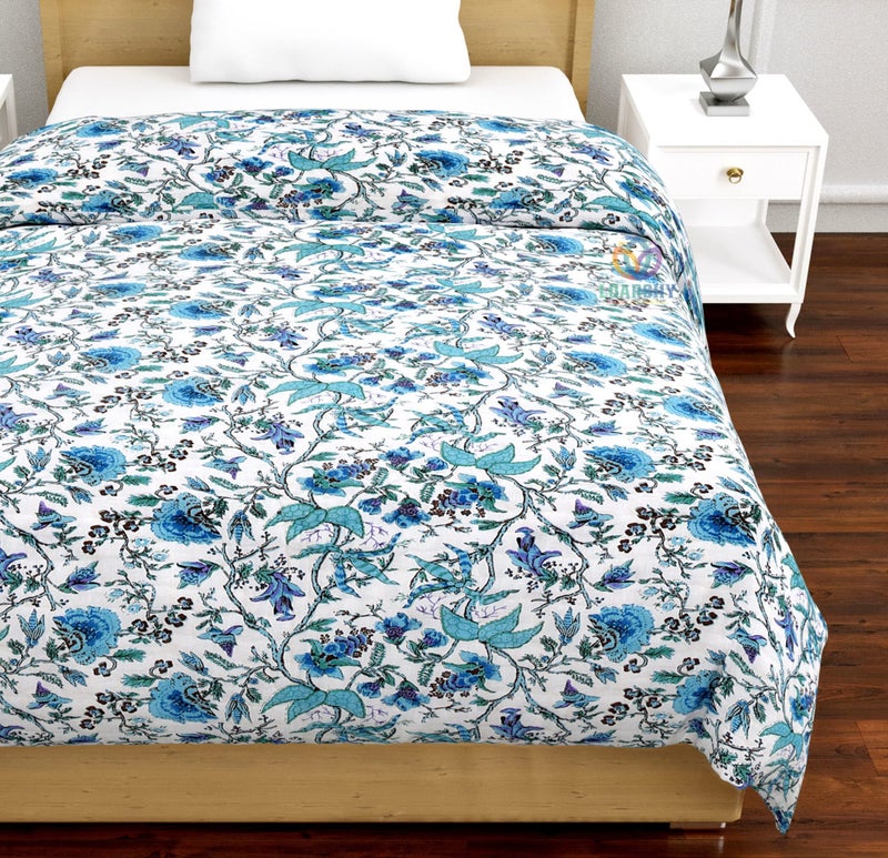 LOARSHY Jaipuri Cotton Razai Beautiful Blue Color Flower Printed Traditional Designer Light Weight Quilt Conforter Single Bed AC Rajai (55X85 Size) - Image 3